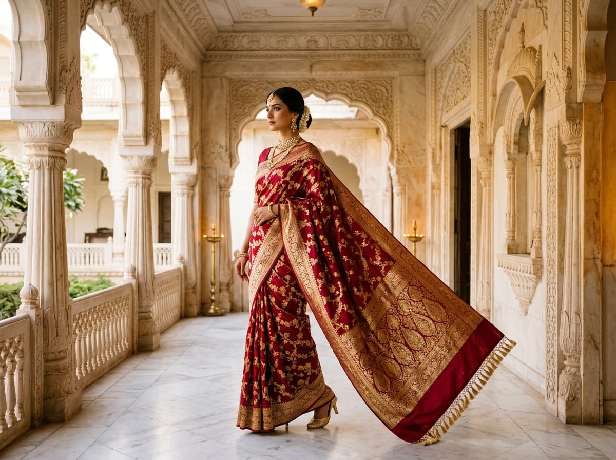 Model in a crimson Banarasi saree with a flowing gold pallu in a marble palace corridor