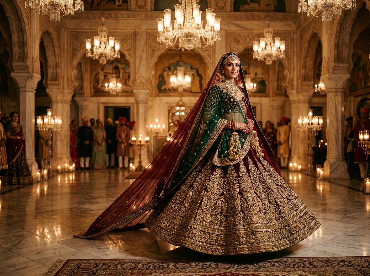 Bride in a maroon and emerald zardozi lehenga beneath palace chandeliers
