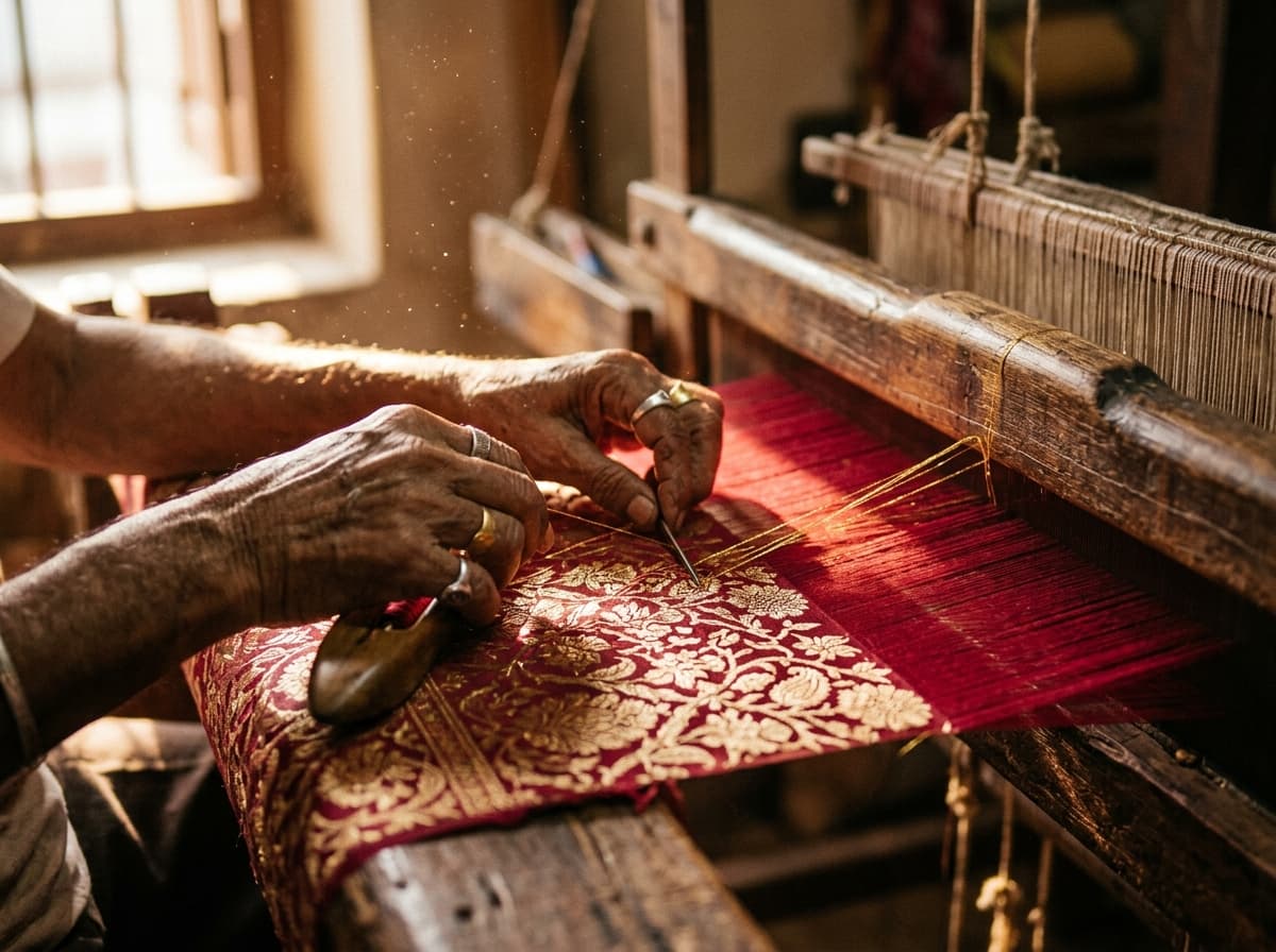 A master weaver's hands guiding gold zari through crimson silk on a wooden handloom