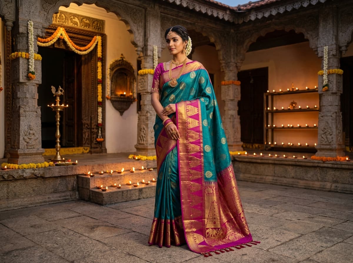 Model in a teal Kanjeevaram silk saree with a magenta temple border, lit by diyas